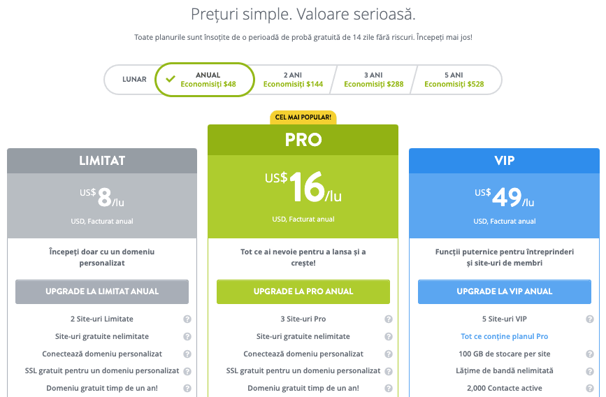 Pagina de prețuri Strikingly