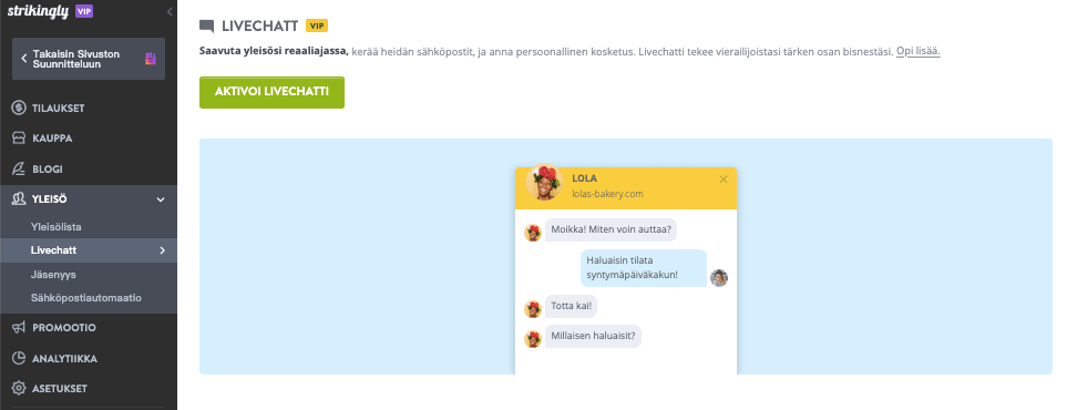 Strikinglyn Livechat-ominaisuus