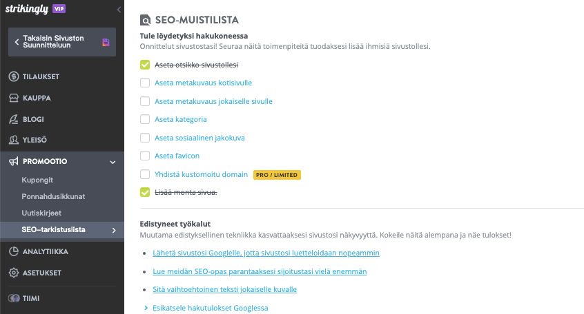 Sisäänrakennetut SEO-työkalut