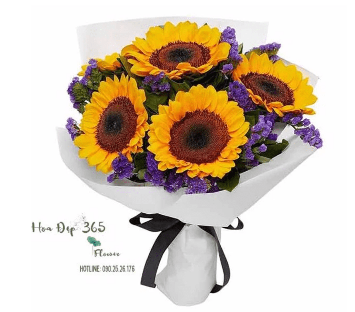 Bó hoa sáp Mặt Trời Mọc - HST08 được bó với 5 cành hướng dương và hoa salem tím rất thích hợp để tặng thầy cô nhân dịp 20/11, có giá ưu đãi 450,000đ