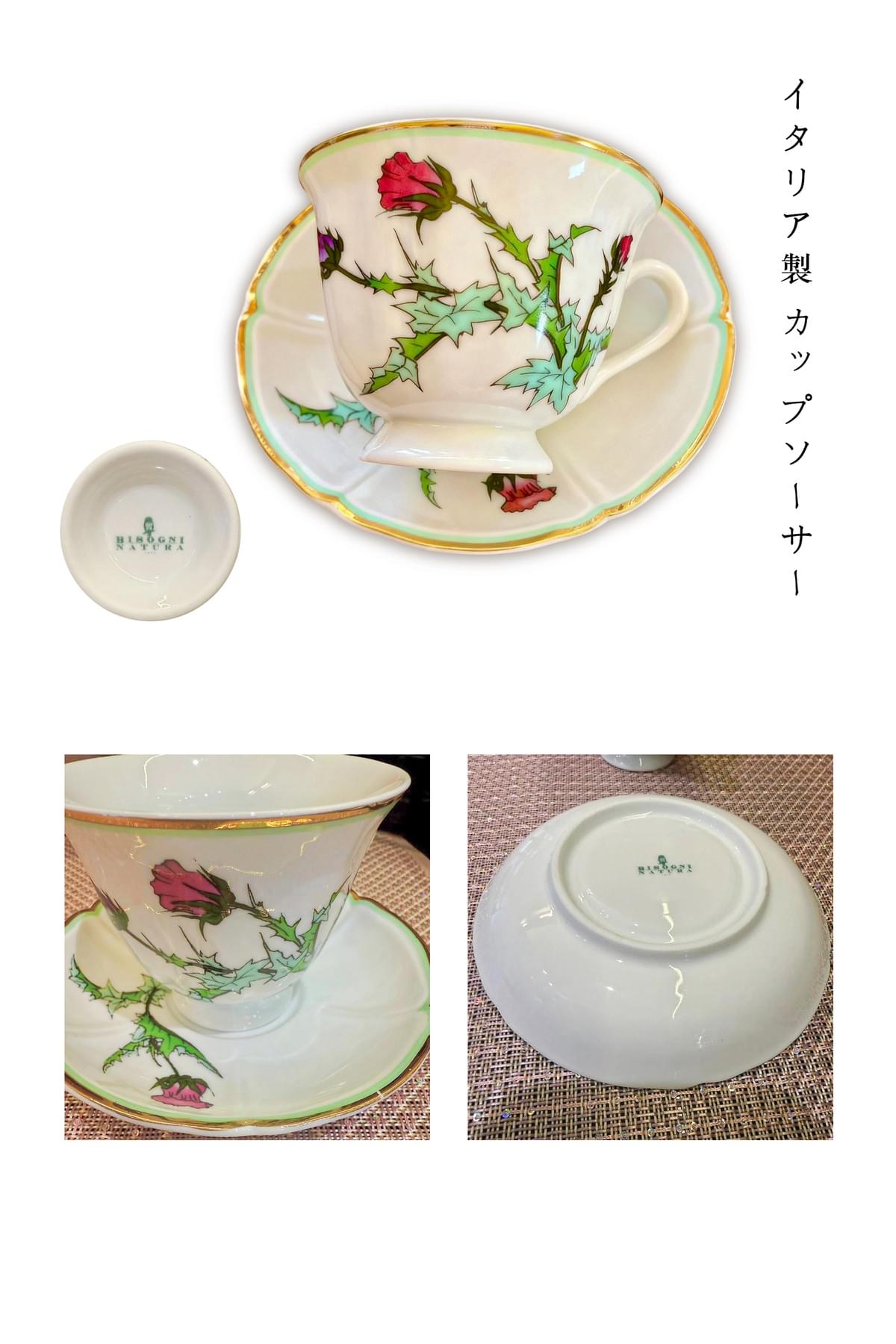 イタリア製 カップソーサー BISOGNI NATURA 金縁 花柄 アザミ柄