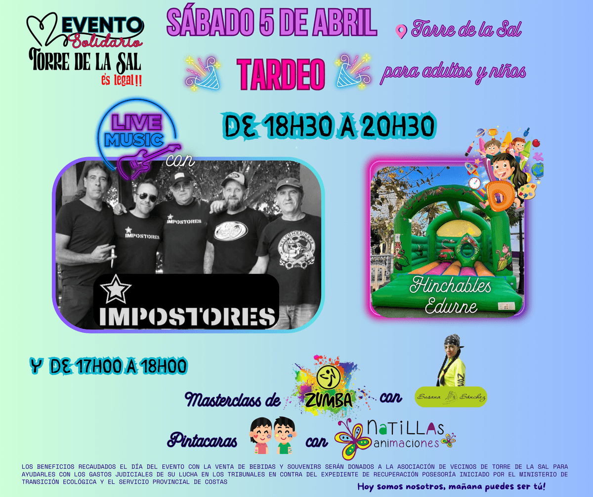 Sábado 5 de abril 2025 Tardeo en Torre la Sal de 18h30 a 20h30. Evento solidario Torre la Sal es legal !