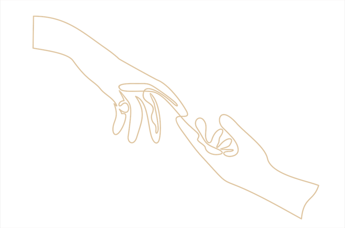 Illustration en ligne dorée de deux mains qui se rejoignent, symbolisant la transformation du lien ou la séparation en conscience.