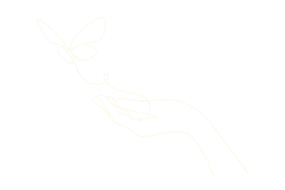 Illustration minimaliste d’une main ouverte laissant s’envoler un papillon, symbole de transformation et d’évolution personnelle.