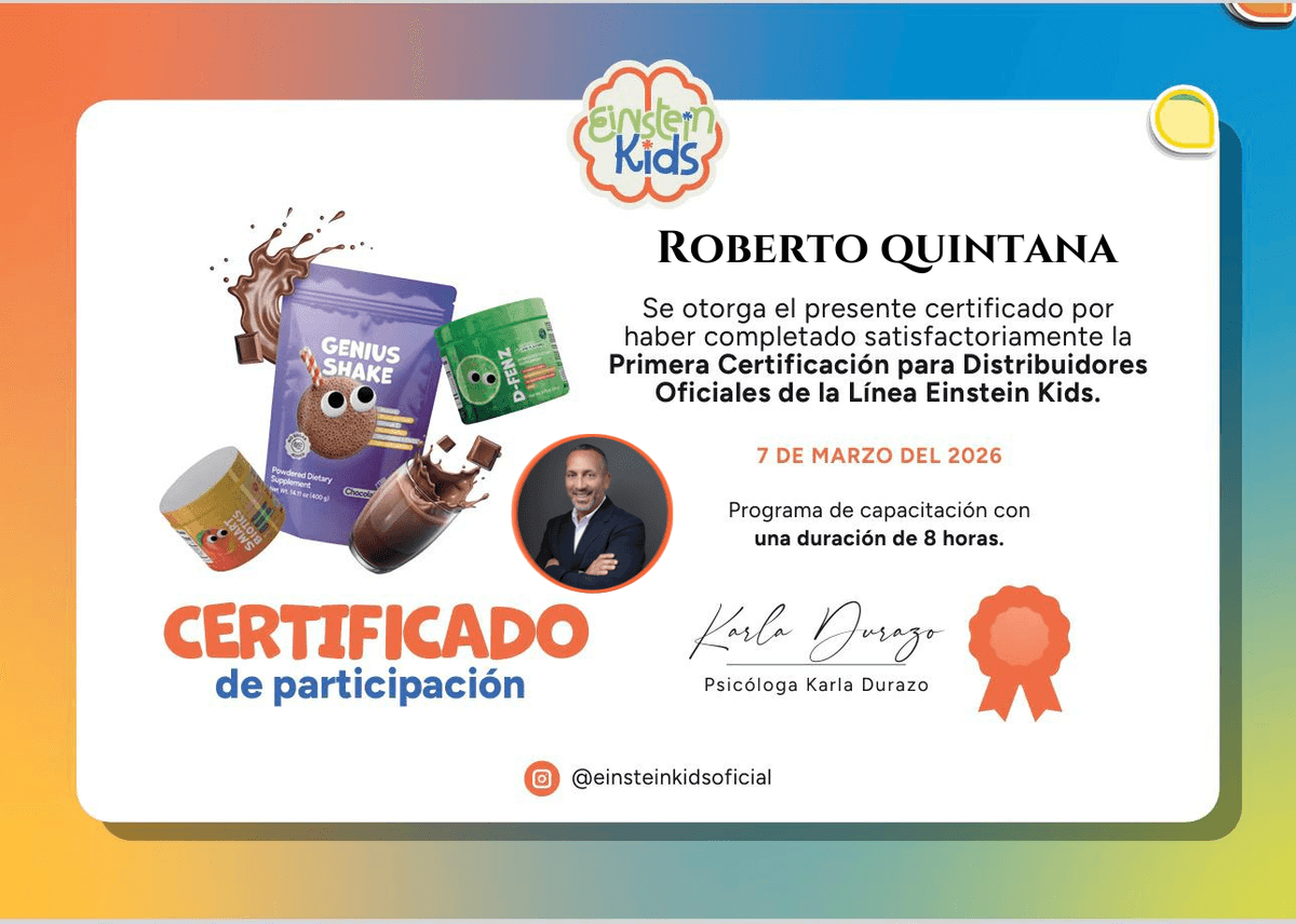 Join us to discover how a comprehensive approach can enhance the cognitive and emotional development of children. Boost the learning and creativity of your child An educational and nutritional approach designed to support the cognitive and emotional development of children.

Line 2

Inspired by child development methodologies used by specialists in psychology, nutrition, and well-being.

3️⃣ COLORS OF THE LANDING

To look professional and trustworthy.

Main blue
#1E3A8A

Bright blue
#2563EB

Creativity yellow
#FBBF24

Clean white
#FFFFFF

Text gray
#374151

This communicates:

intelligence

science

childhood

trust

4️⃣ STRUCTURE OF THE OFFICIAL LANDING (COVER)

This does NOT have representatives.

HERO

Title

Awaken your child's extraordinary potential

Subtitle

Einstein Kids is an educational and nutritional approach designed to support the cognitive, emotional, and creative development of children.

Button:

Learn about the program