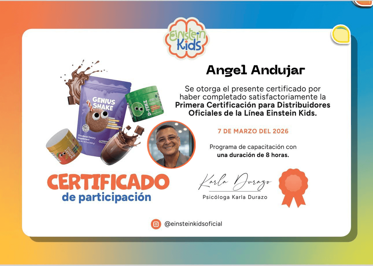 Join us to discover how a comprehensive approach can enhance the cognitive and emotional development of children. Boost the learning and creativity of your child An educational and nutritional approach designed to support the cognitive and emotional development of children.

Line 2

Inspired by child development methodologies used by specialists in psychology, nutrition, and well-being.

3️⃣ COLORS OF THE LANDING

To look professional and trustworthy.

Main blue
#1E3A8A

Bright blue
#2563EB

Creativity yellow
#FBBF24

Clean white
#FFFFFF

Text gray
#374151

This communicates:

intelligence

science

childhood

trust

4️⃣ STRUCTURE OF THE OFFICIAL LANDING (COVER)

This does NOT have representatives.

HERO

Title

Awaken your child's extraordinary potential

Subtitle

Einstein Kids is an educational and nutritional approach designed to support the cognitive, emotional, and creative development of children.

Button:

Learn about the program