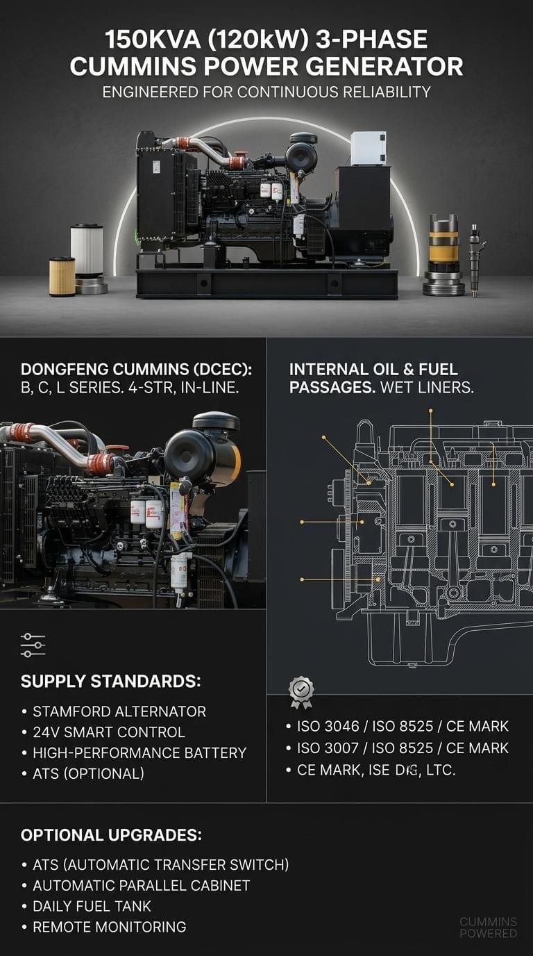 150KVA Diesel Generator Set with Cummins 120kW/3 Phase Power Generators