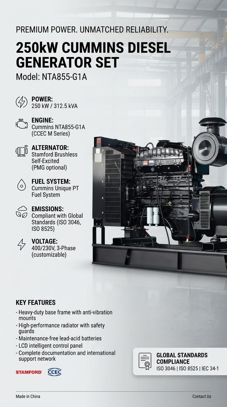 250kW Diesel Generator Set with Cummins Engine NTA855-G1A with Stamford Alternator