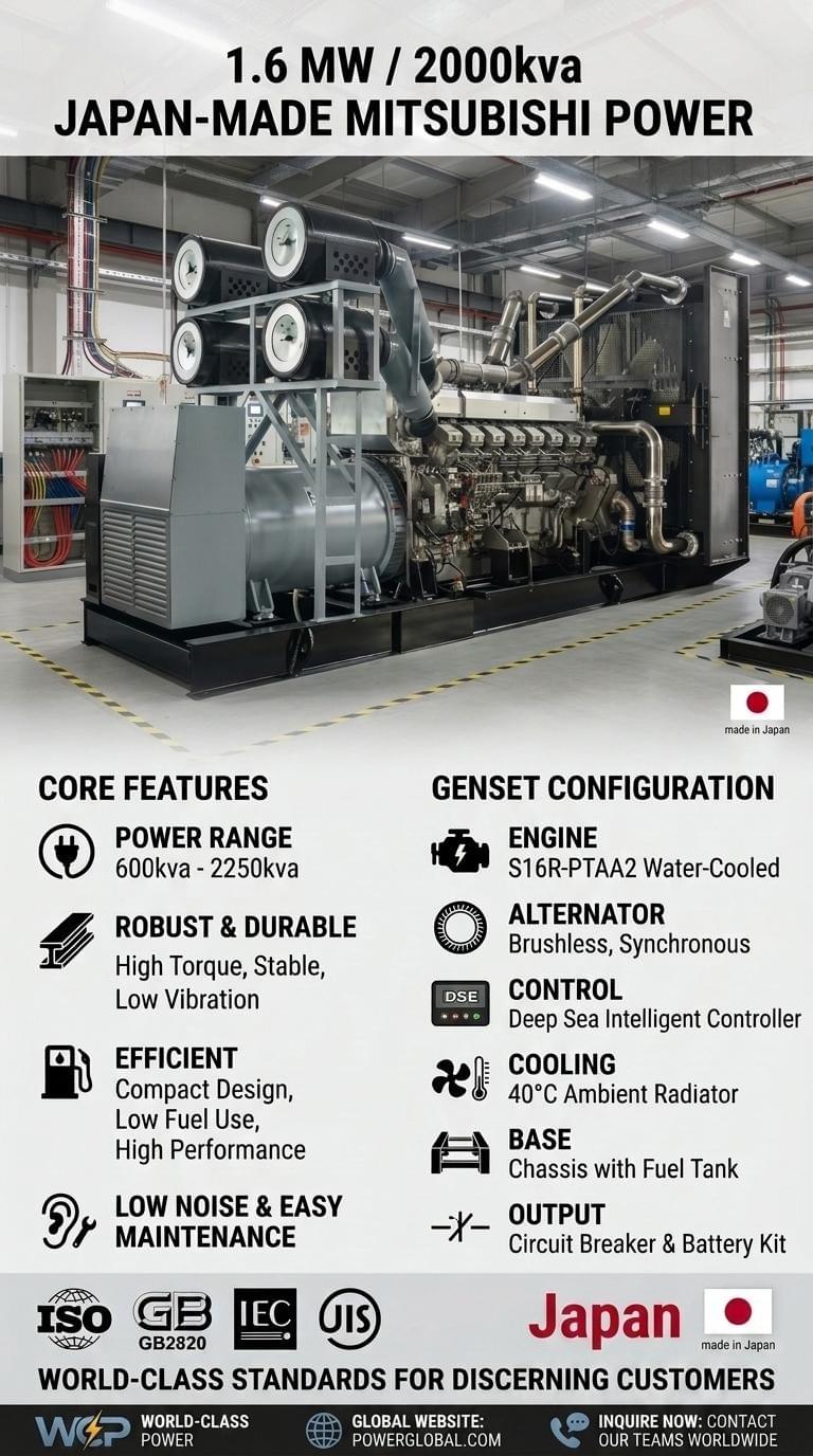 1.6MW Diesel Generator Set, 2000kVA, Powered by Original Japanese Mitsubishi S16R-PTAA2 Engine