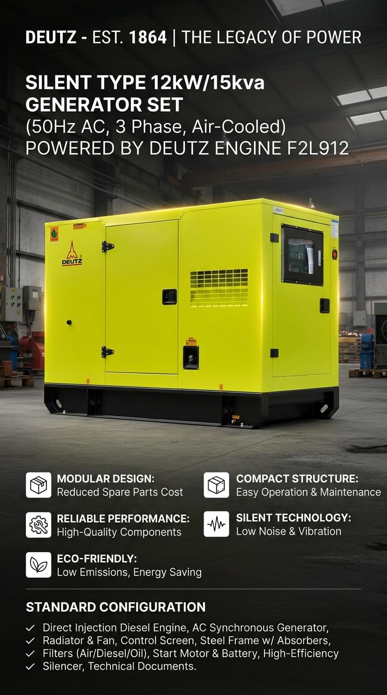 Silent 15kVA/12kW Air-Cooled Diesel Generator Set, Powered by Deutz F2L912 Engine, 50Hz, 3-Phase AC