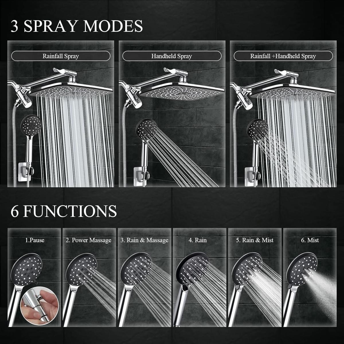 High Pressure Rain Shower Head Combo with Extension Arm- Wide Showerhead with 6 Handheld Water Spray