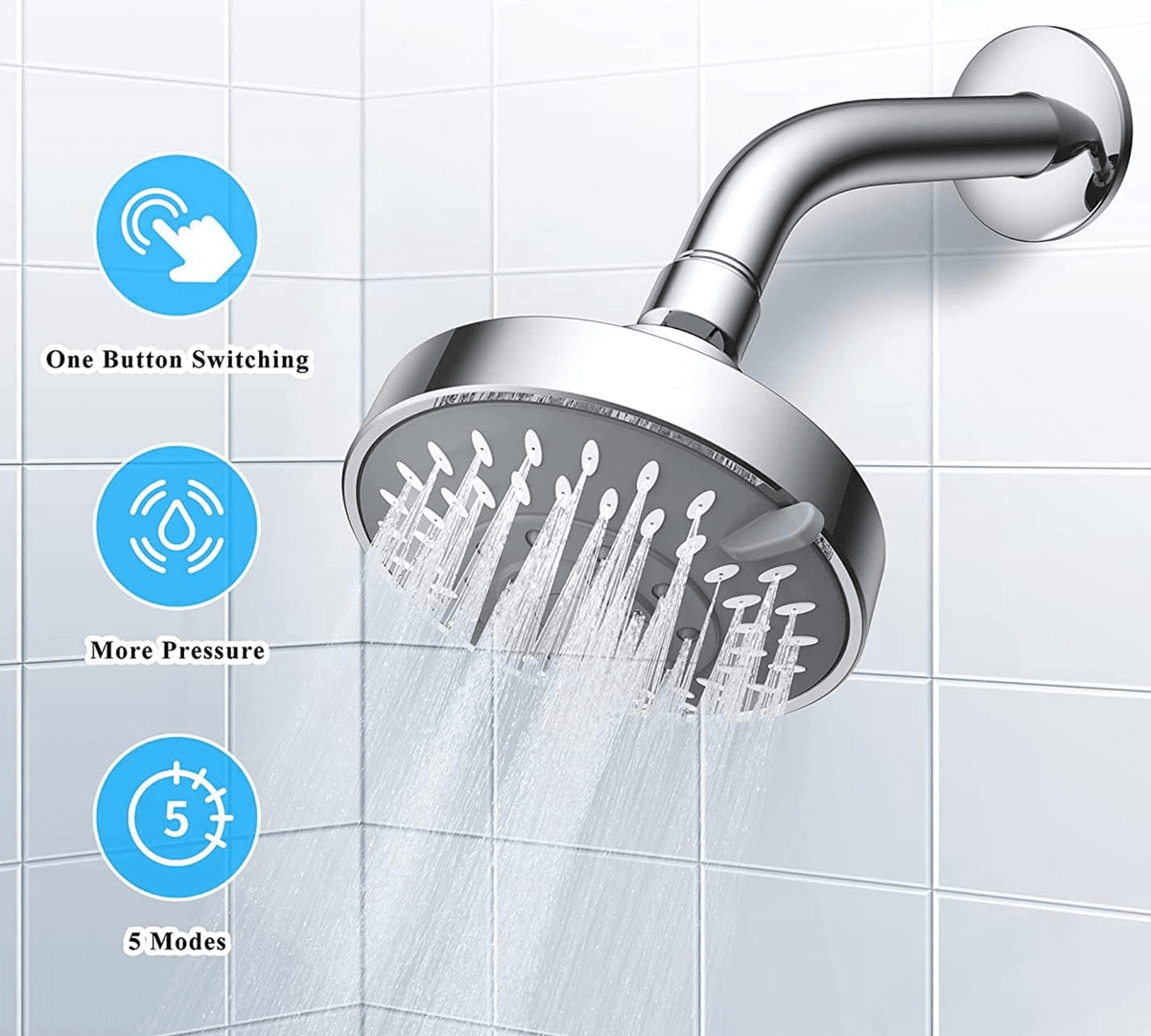 RisingBath Shower Head High Pressure Rain Fixed Showerhead 5 Setting with Metal Swivel Ball Joint