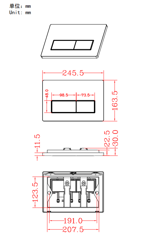 Rising Bath Front Actuation Flush Plates Square