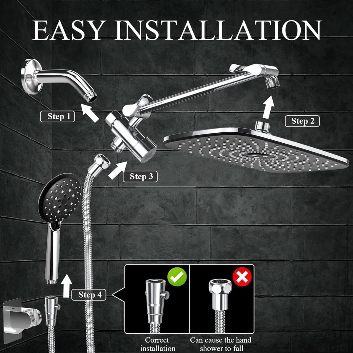 High Pressure Rain Shower Head Combo with Extension Arm- Wide Showerhead with 6 Handheld Water Spray
