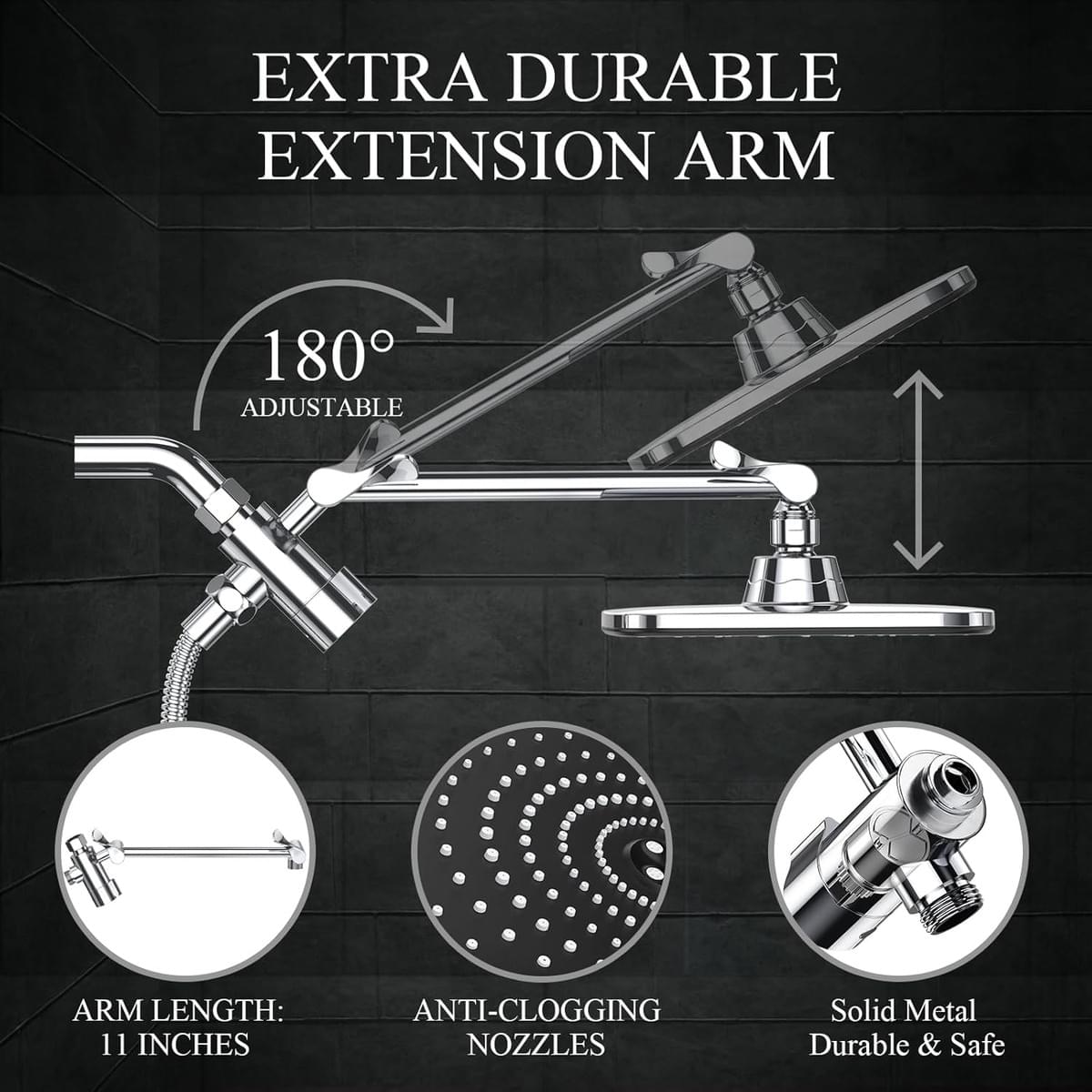High Pressure Rain Shower Head Combo with Extension Arm- Wide Showerhead with 6 Handheld Water Spray