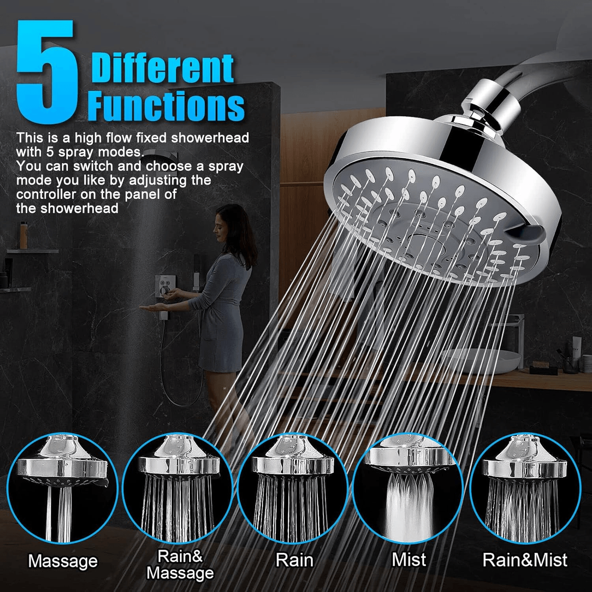 RisingBath Shower Head High Pressure Rain Fixed Showerhead 5 Setting with Metal Swivel Ball Joint