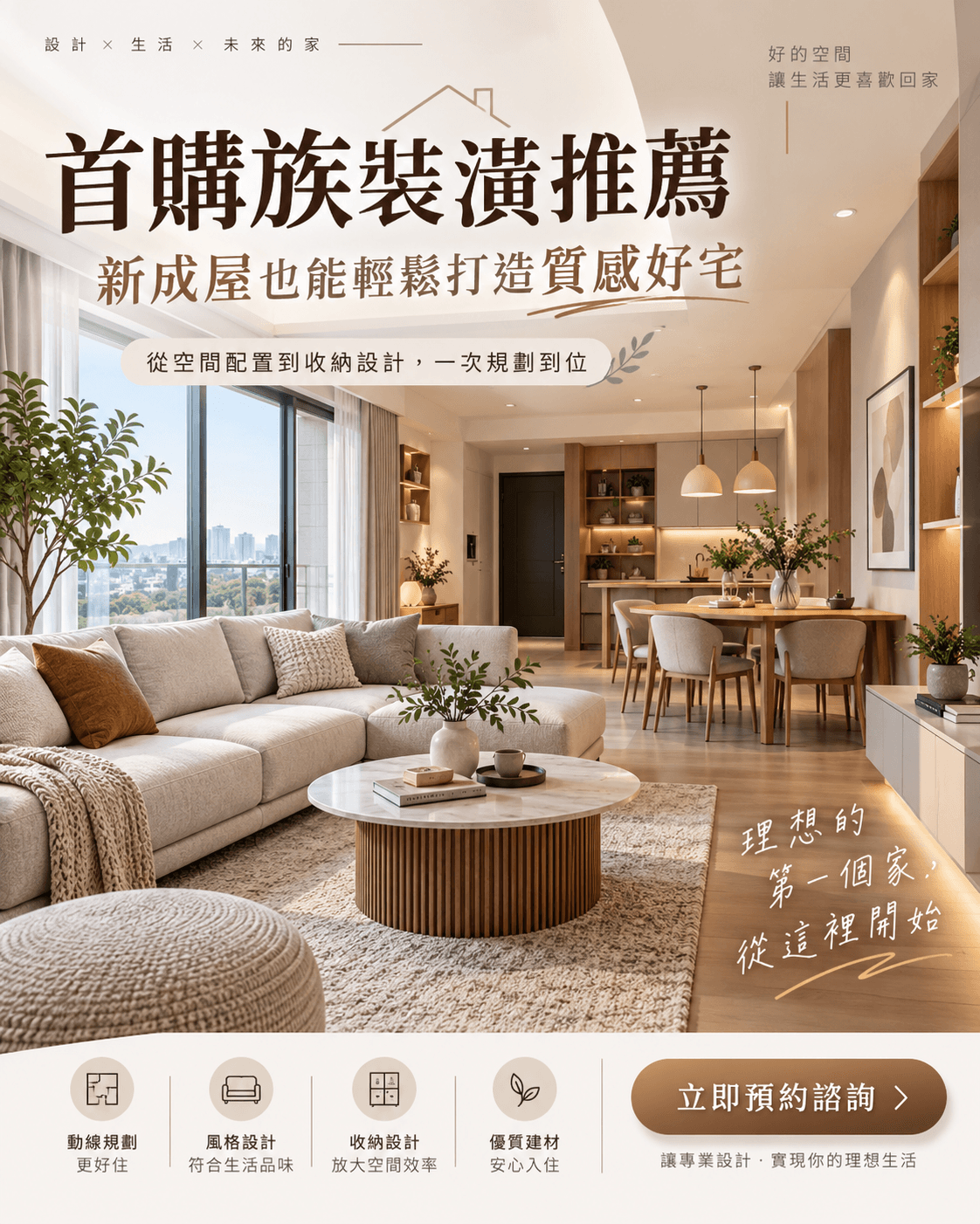 大棠室內設計｜桃園首購族室內設計與新成屋裝潢規劃，提供裝潢預算評估、居家動線規劃、空間收納設計、室內風格搭配及住宅裝修諮詢。協助第一次買房的首購族打造兼具美感、實用機能與舒適生活的理想新家。點擊圖片，立即透過 LINE 預約大棠室內設計專業諮詢。