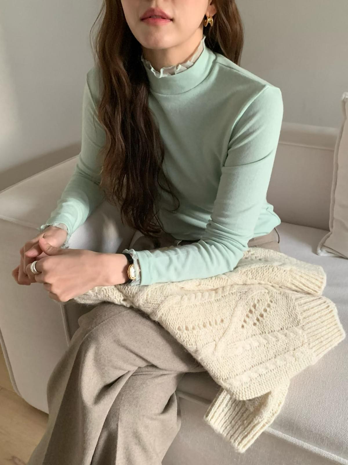 [25Ｗ1106]小立領網紗拼接內搭 打底衣（七色）