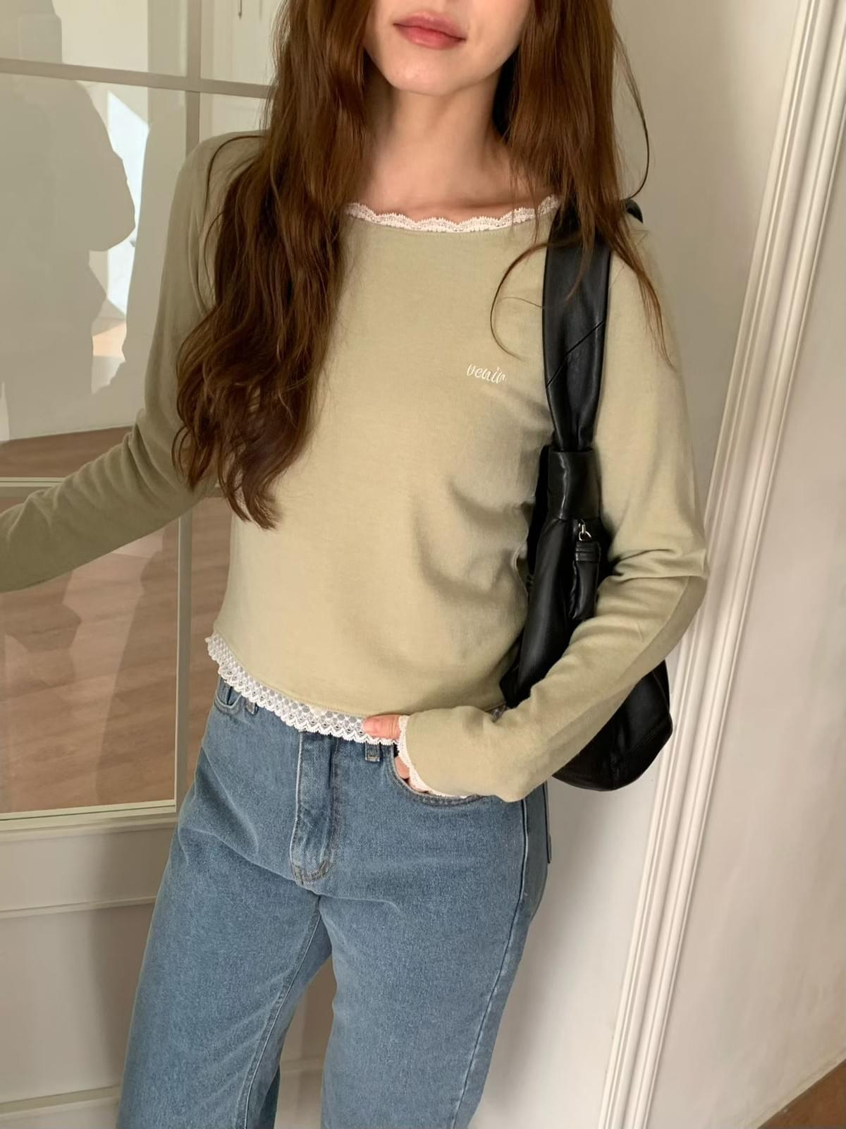 25W1104]羊毛混紡大船領蕾絲鑲邊素色上衣(四色)