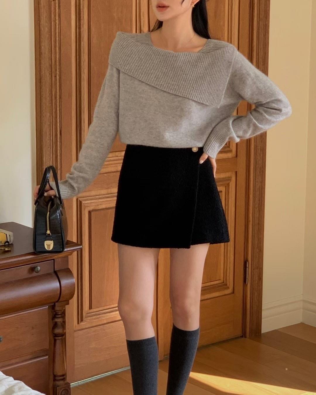 [25Ｗ1111]不規則大翻領氣質羊毛針織上衣（四色）