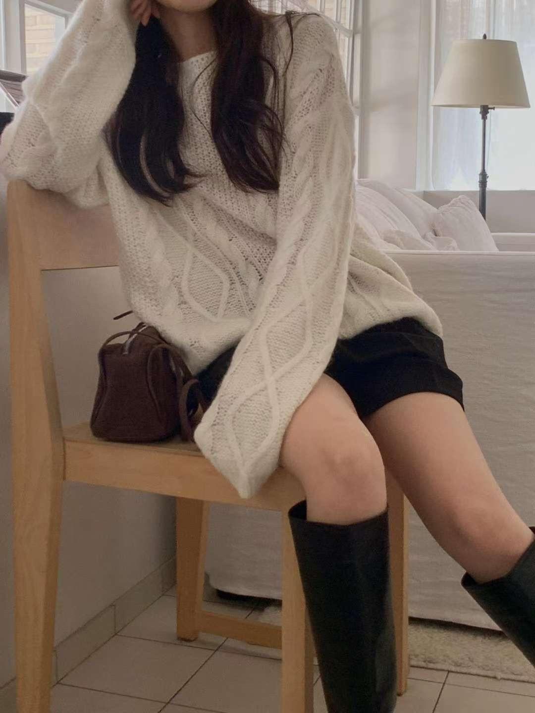 [25F1015]寬鬆麻花大圓領混羊駝毛針織毛衣（四色）