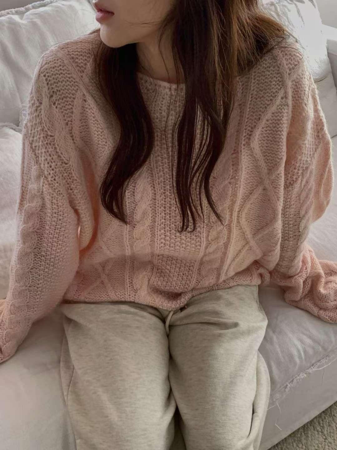 [25F1015]寬鬆麻花大圓領混羊駝毛針織毛衣（四色）