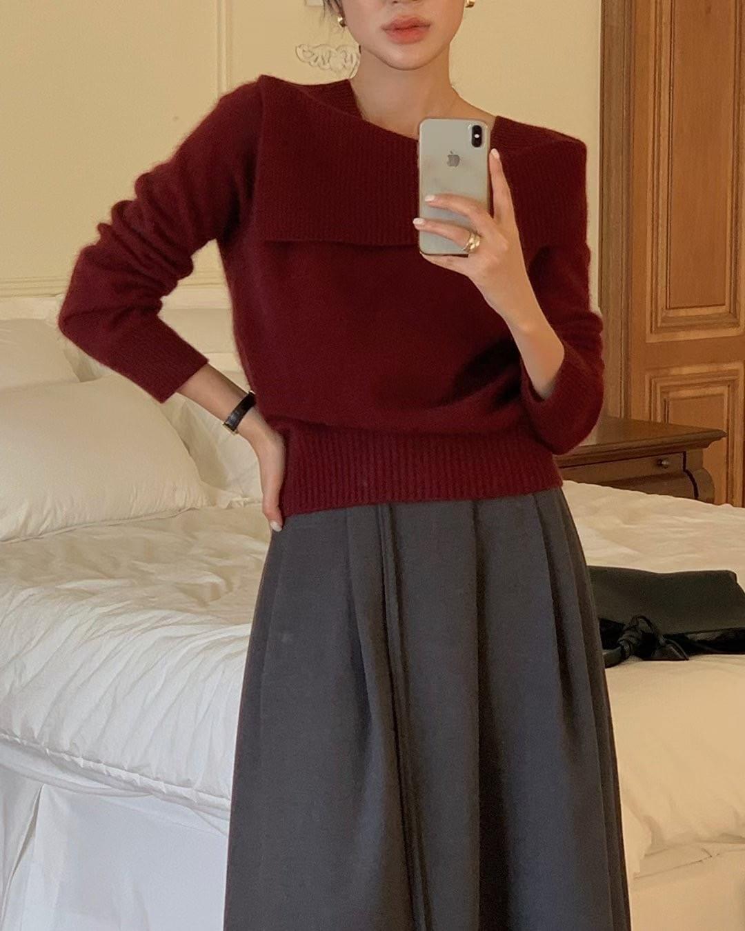 [25Ｗ1111]不規則大翻領氣質羊毛針織上衣（四色）