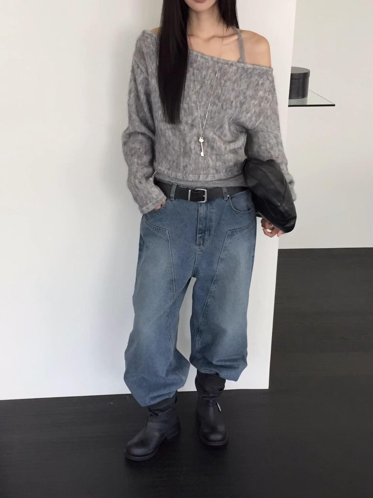 [25W1114]百搭款短版羊毛一字領斜肩上衣(三色)