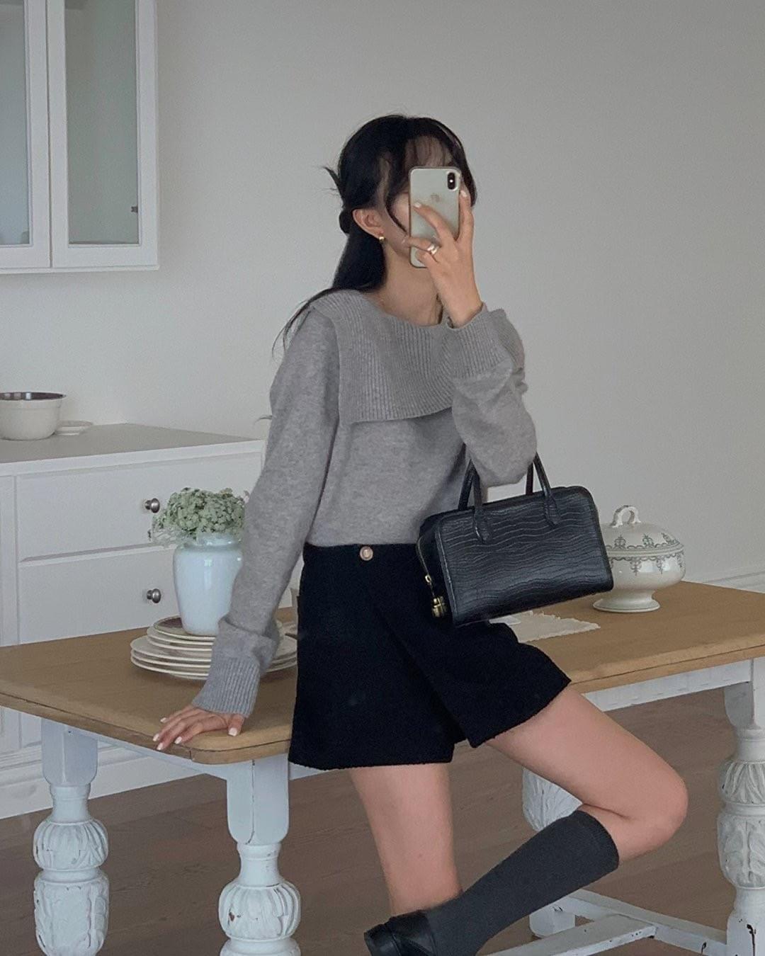 [25Ｗ1111]不規則大翻領氣質羊毛針織上衣（四色）