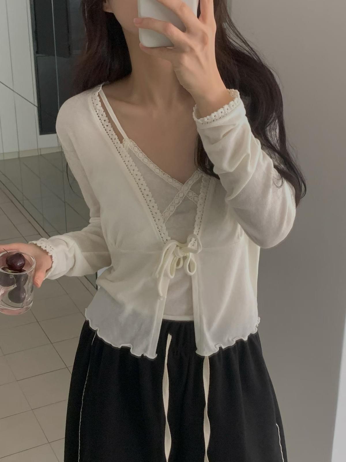 極親膚滾花鑲邊綁帶套裝（四色可混搭）