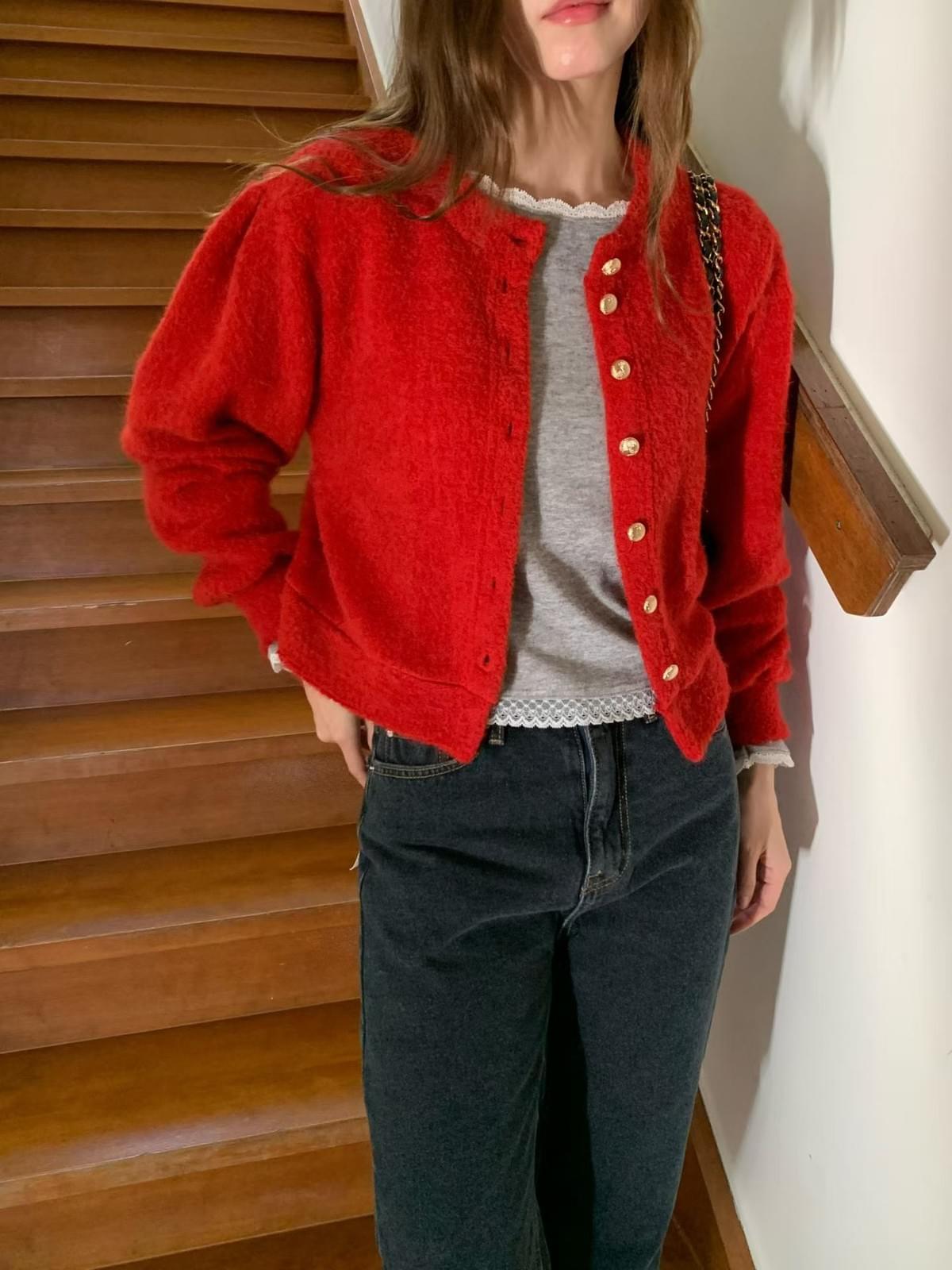 [25W1103]🇰🇷正韓空運(預購)/韓國代購/秋冬新品/甜美圓領金釦澎袖短版罩衫(四色) 推薦自留款!