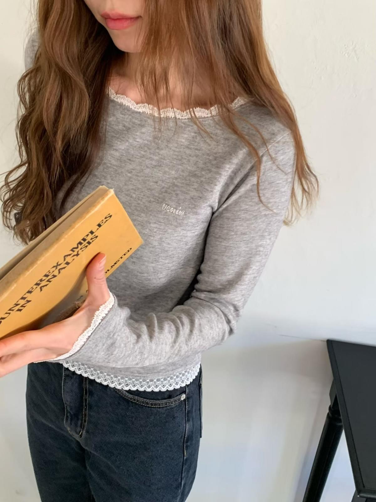 25W1104]羊毛混紡大船領蕾絲鑲邊素色上衣(四色)