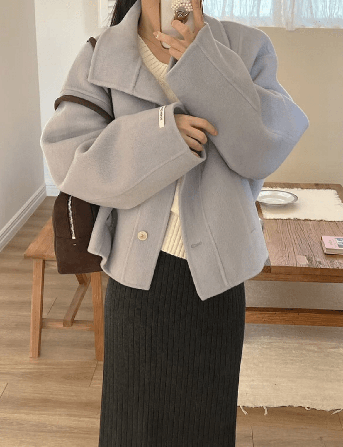 [25W1115]俐落高領翻領兩穿中短版手工羊毛大衣(三色)