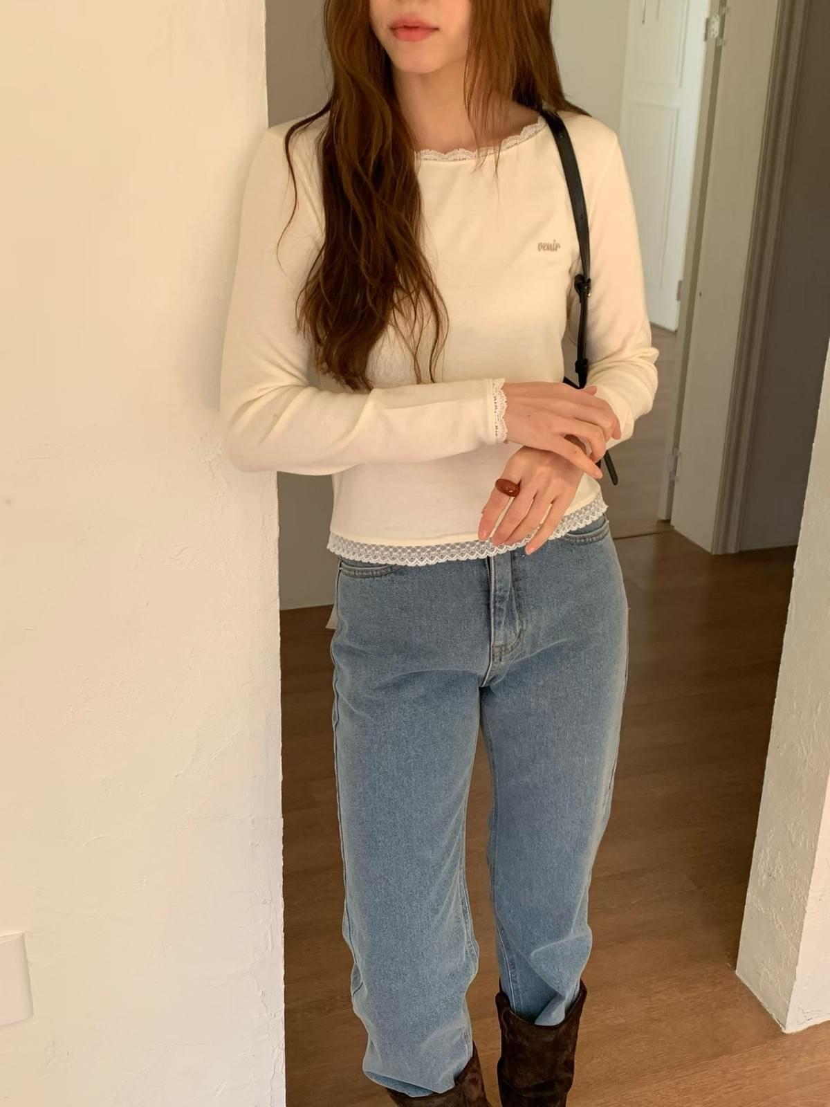 25W1104]羊毛混紡大船領蕾絲鑲邊素色上衣(四色)