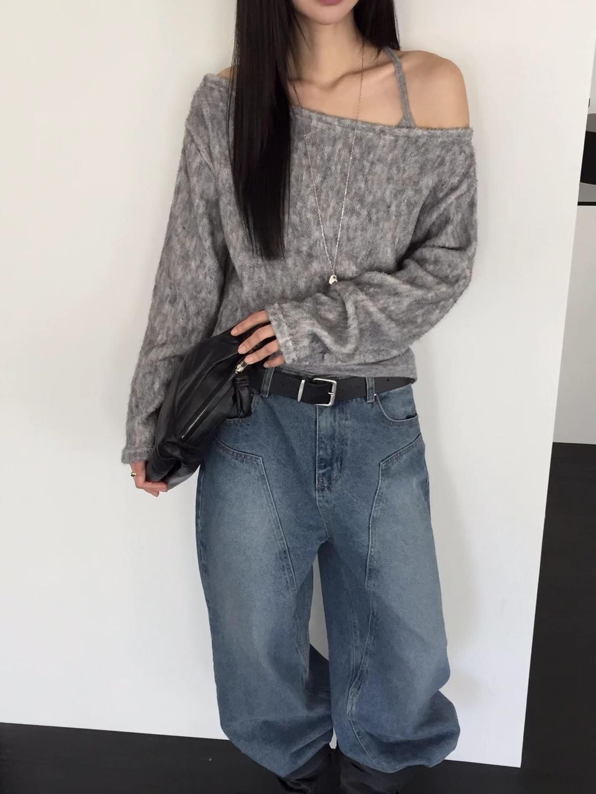 [25W1114]百搭款短版羊毛一字領斜肩上衣(三色)