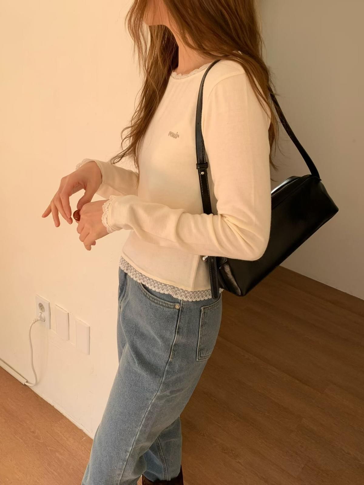 25W1104]羊毛混紡大船領蕾絲鑲邊素色上衣(四色)