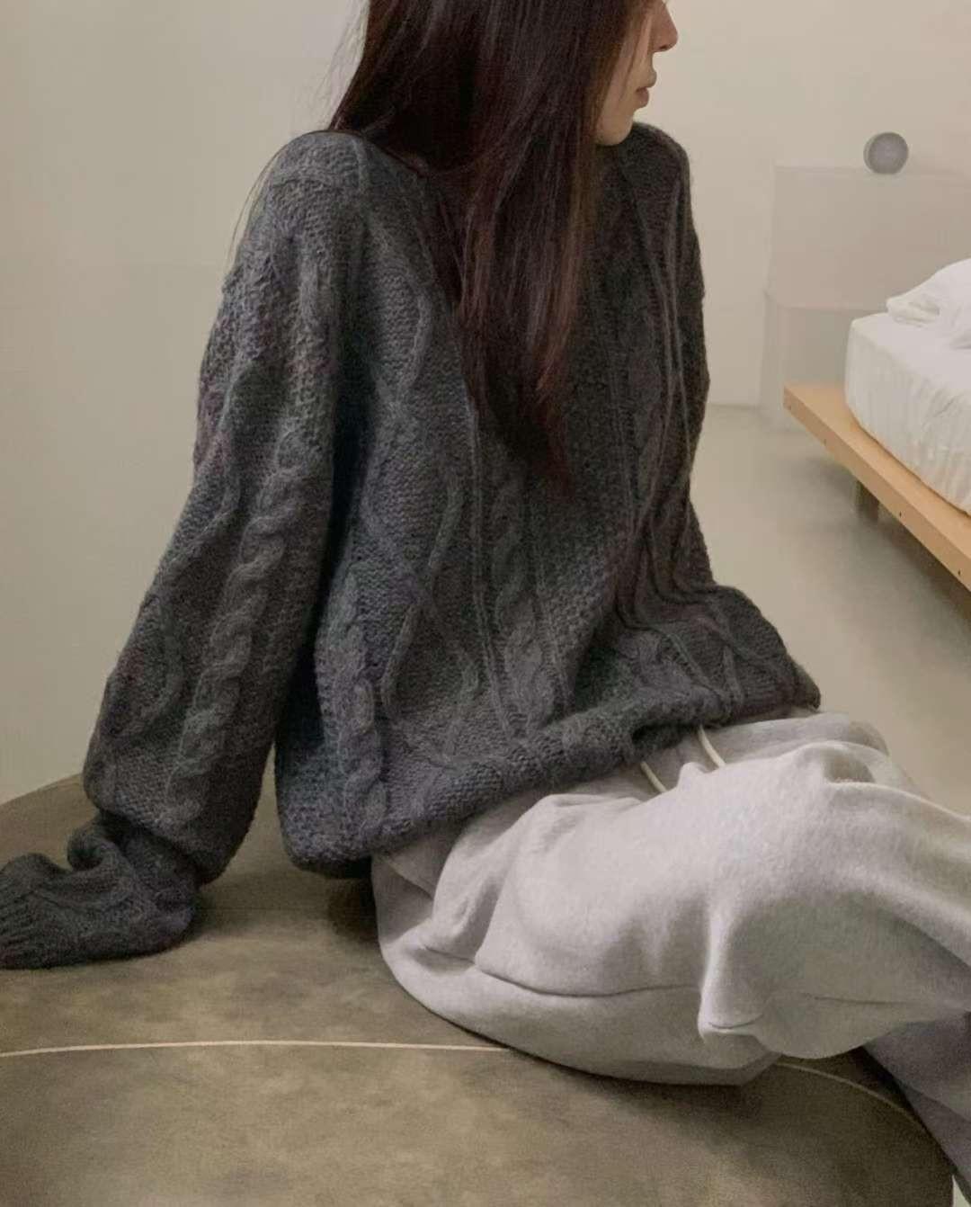 [25F1015]寬鬆麻花大圓領混羊駝毛針織毛衣（四色）