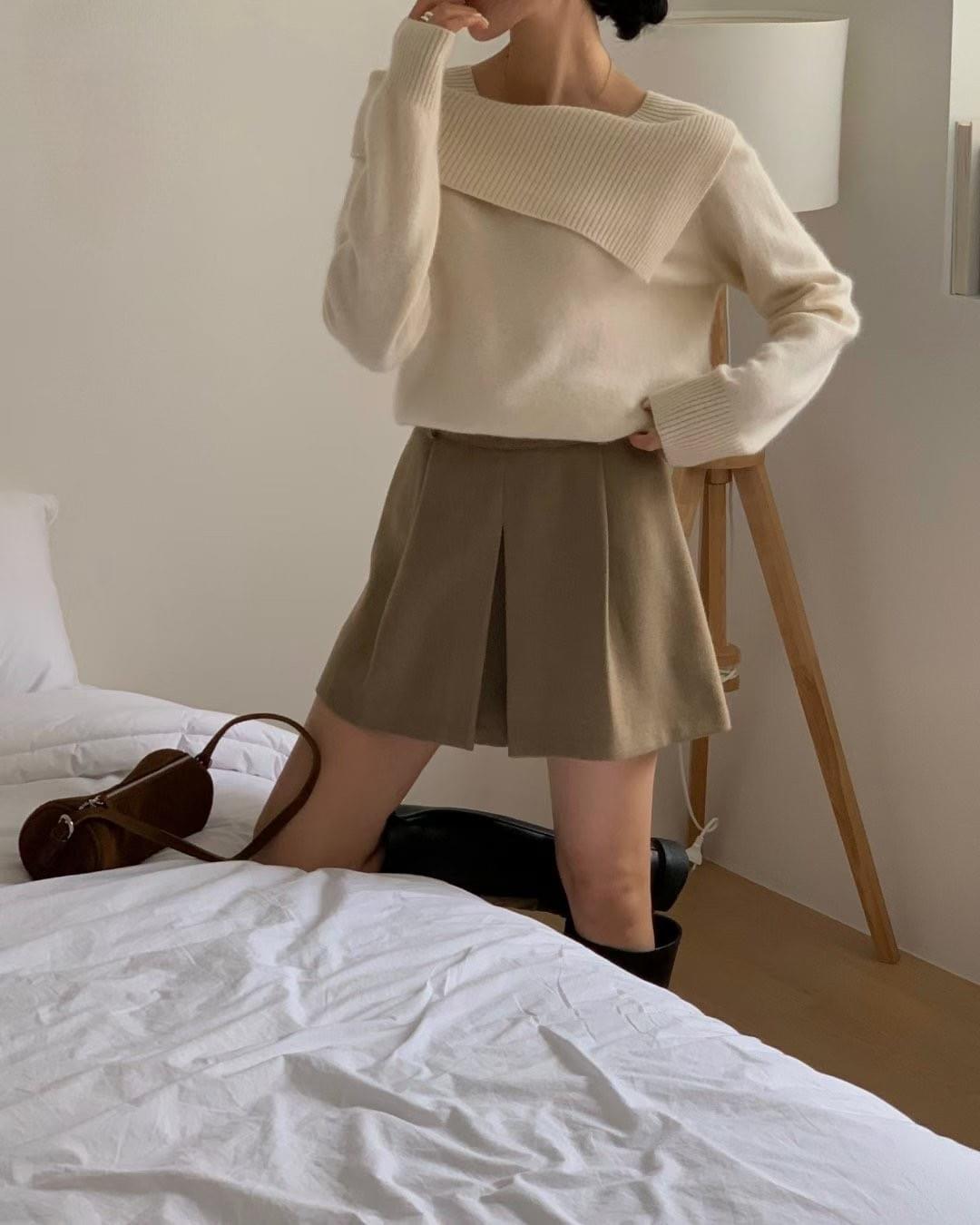 [25Ｗ1111]不規則大翻領氣質羊毛針織上衣（四色）