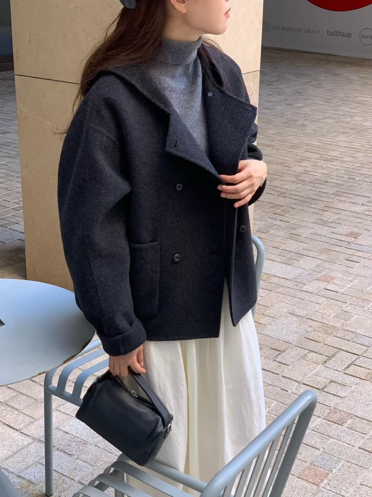 [25F1016]大衣首選！甜美系連帽雙排釦手工羊毛大衣（兩色）