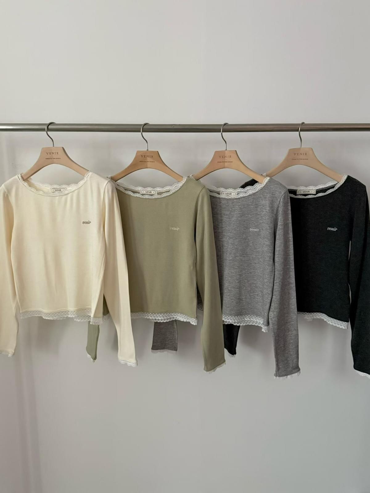 25W1104]羊毛混紡大船領蕾絲鑲邊素色上衣(四色)