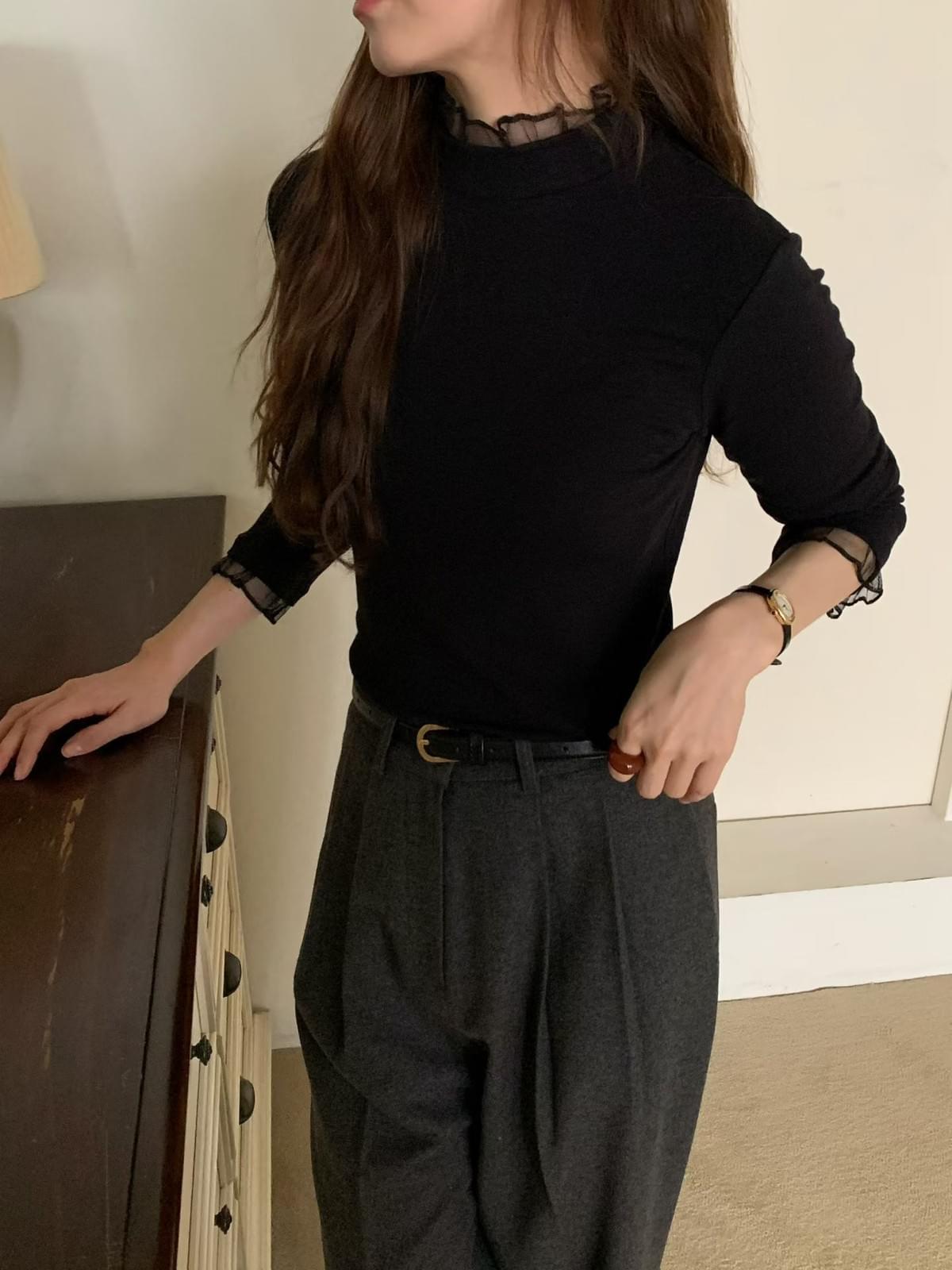 [25Ｗ1106]小立領網紗拼接內搭 打底衣（七色）