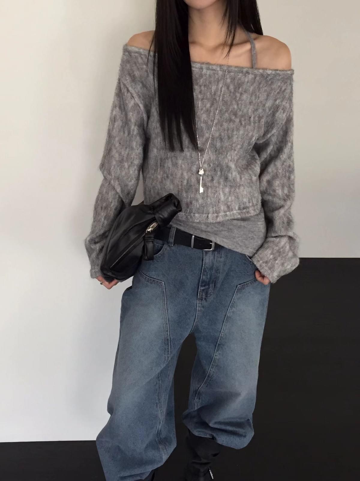 [25W1114]百搭款短版羊毛一字領斜肩上衣(三色)