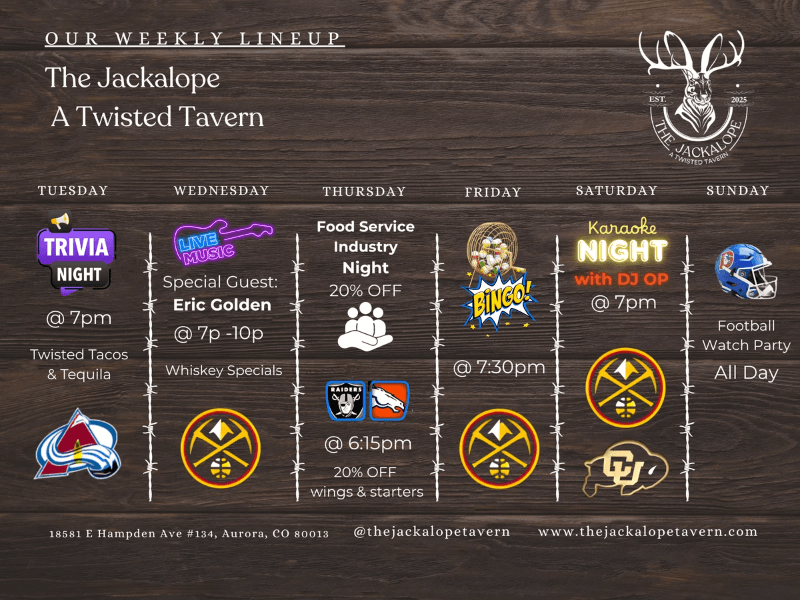weekly lineup, events, the jackalope tavern, aurora, co weekly lineup, events, the jackalope tavern, aurora, co