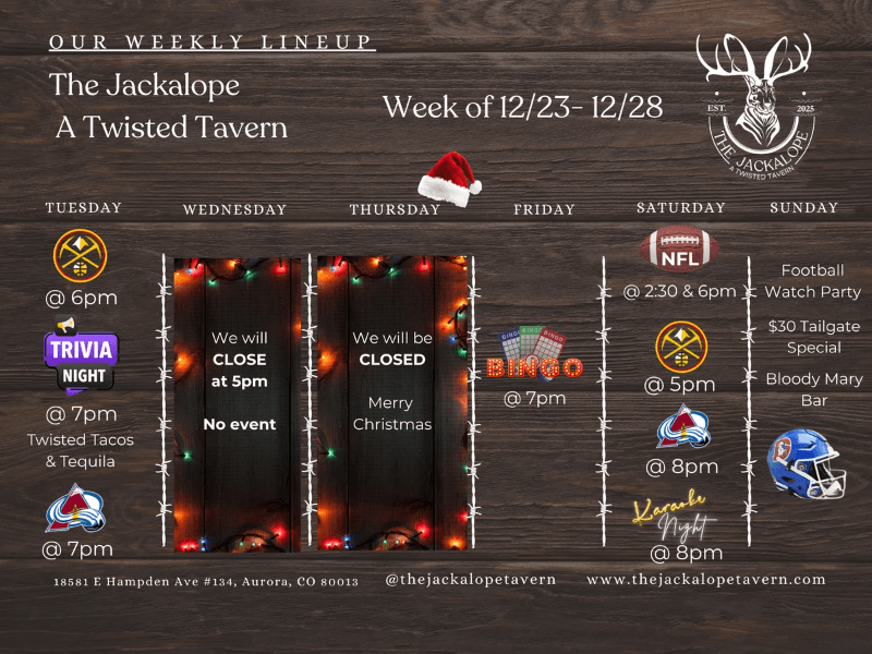 weekly lineup, events, the jackalope tavern, aurora, co