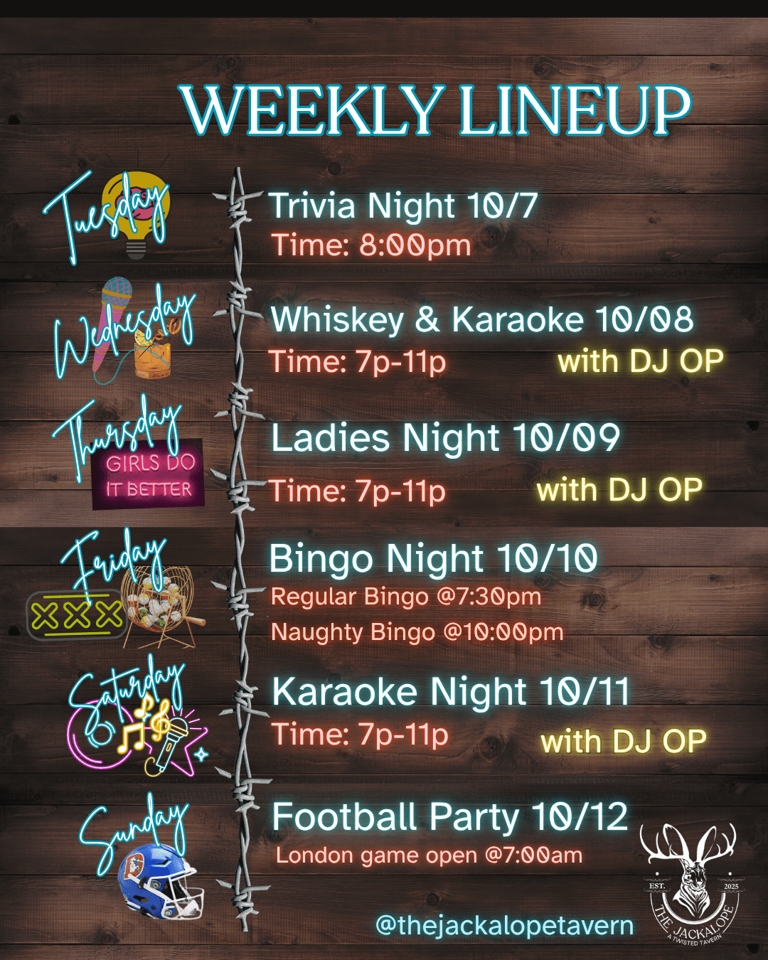 weekly lineup, events, the jackalope tavern, aurora, co