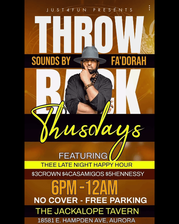 Come check out DJ Fadorah spinning the vibes on Thursday nights at the Jackalope Tavern in Aurora CO.