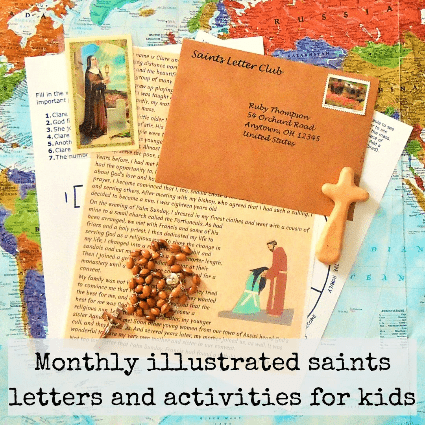 Monthly illustrated saints letters and activities for kids. Saint Clare of Assisi Saints Letter Club letter with stamped envelope, small cross, Rosary, Saint Clare prayer card, and activity sheets with world map in the background