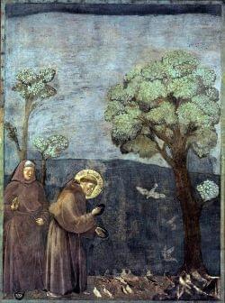 Saint Francis of Assisi preaching to the birds with another friar behind him
