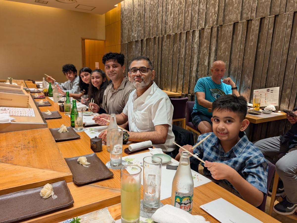 FamTripping Japan trip with the Devani and Ali family dining at Sushi Kyotatsu Ark Hills South Tower in Tokyo in summer 2026.