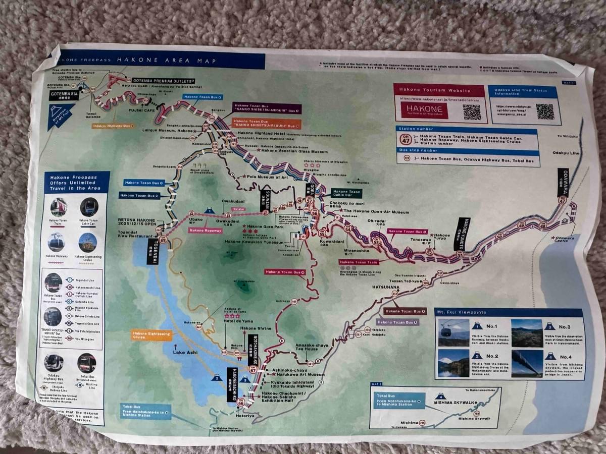 FamTripping Japan trip with the Devani and Ali family, Hakone Area Map showing Lake Ashi, Owakudani, Hakone Ropeway, railway and sightseeing routes in summer 2026.
